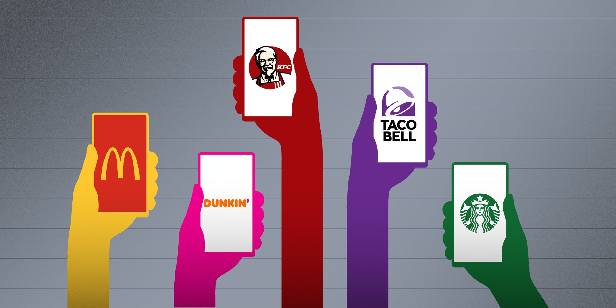 An illustration showing different brands represented by different colored arms each holding a cellphone with a different brand logo on it.