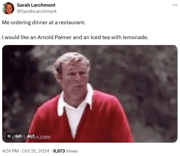 Arnold Palmer meme with a gif of a man in a red sweater making a face.