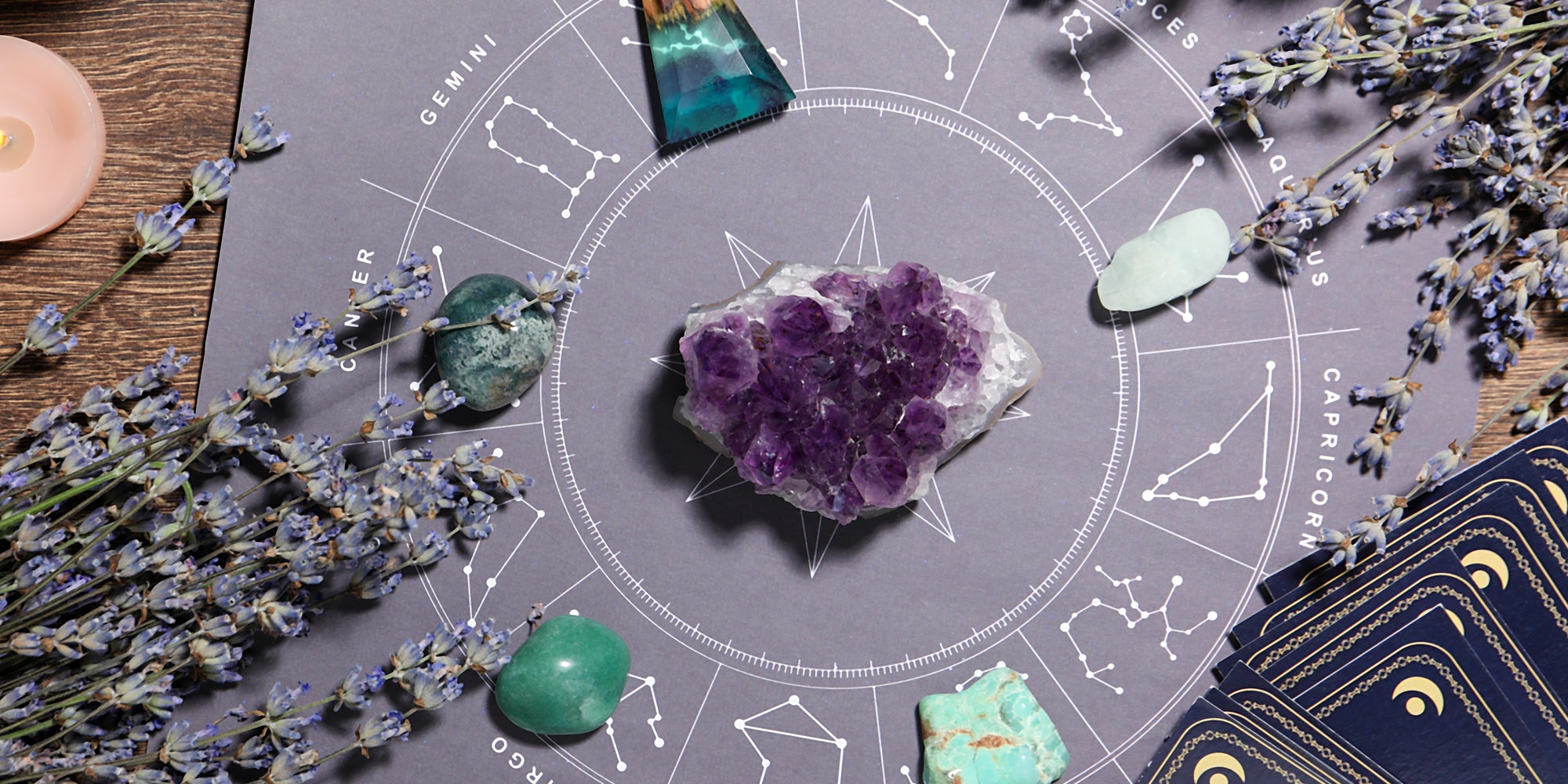 Zodiac illustratoin with crystals, cards, candles and lavendar