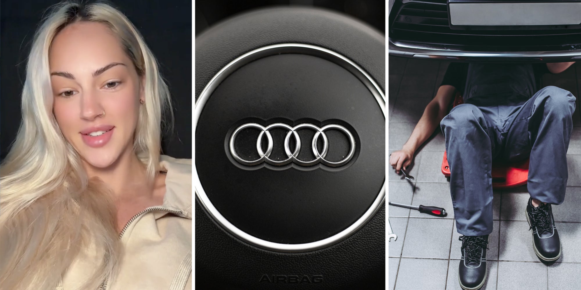 Woman talking(l), Audio logo on wheel(c), Mechanic under car(r)