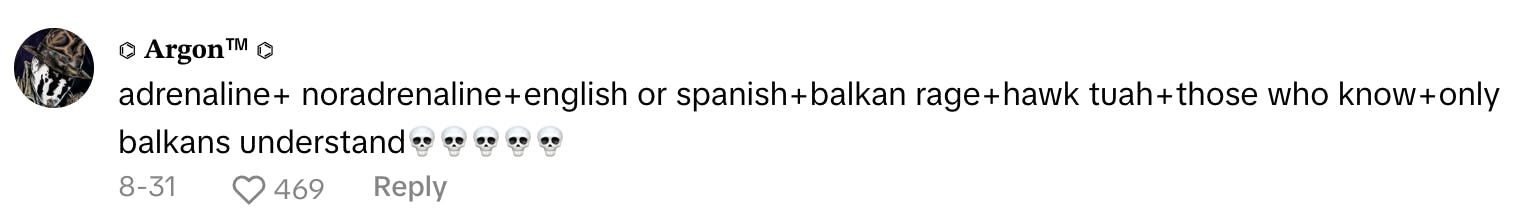 Balkan rage copypasta meme TikTok comment that reads, '