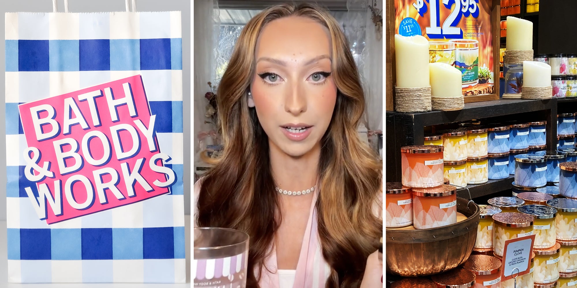 Bath & Body Works bag(l), Woman talking(c), Bath & Body Works candle display(r)