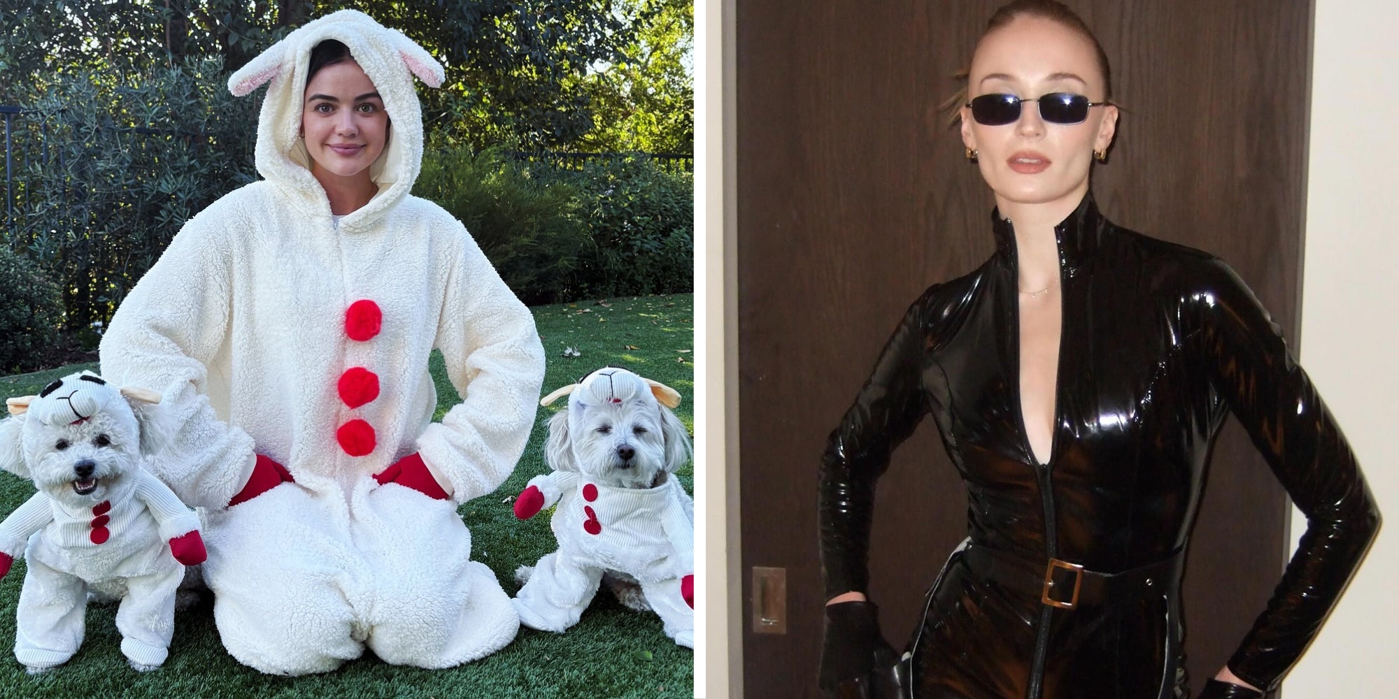 Lucy Hale and her dogs in lamb chop costumes(l), Sophie Turner as character from the matrix(r)