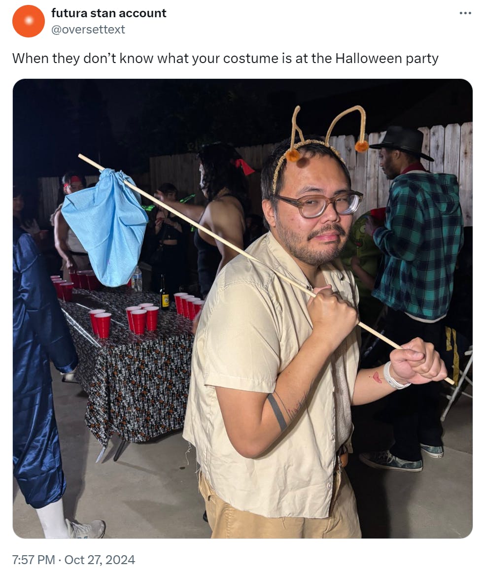 Sad ant with a bindle meme Halloween costume.