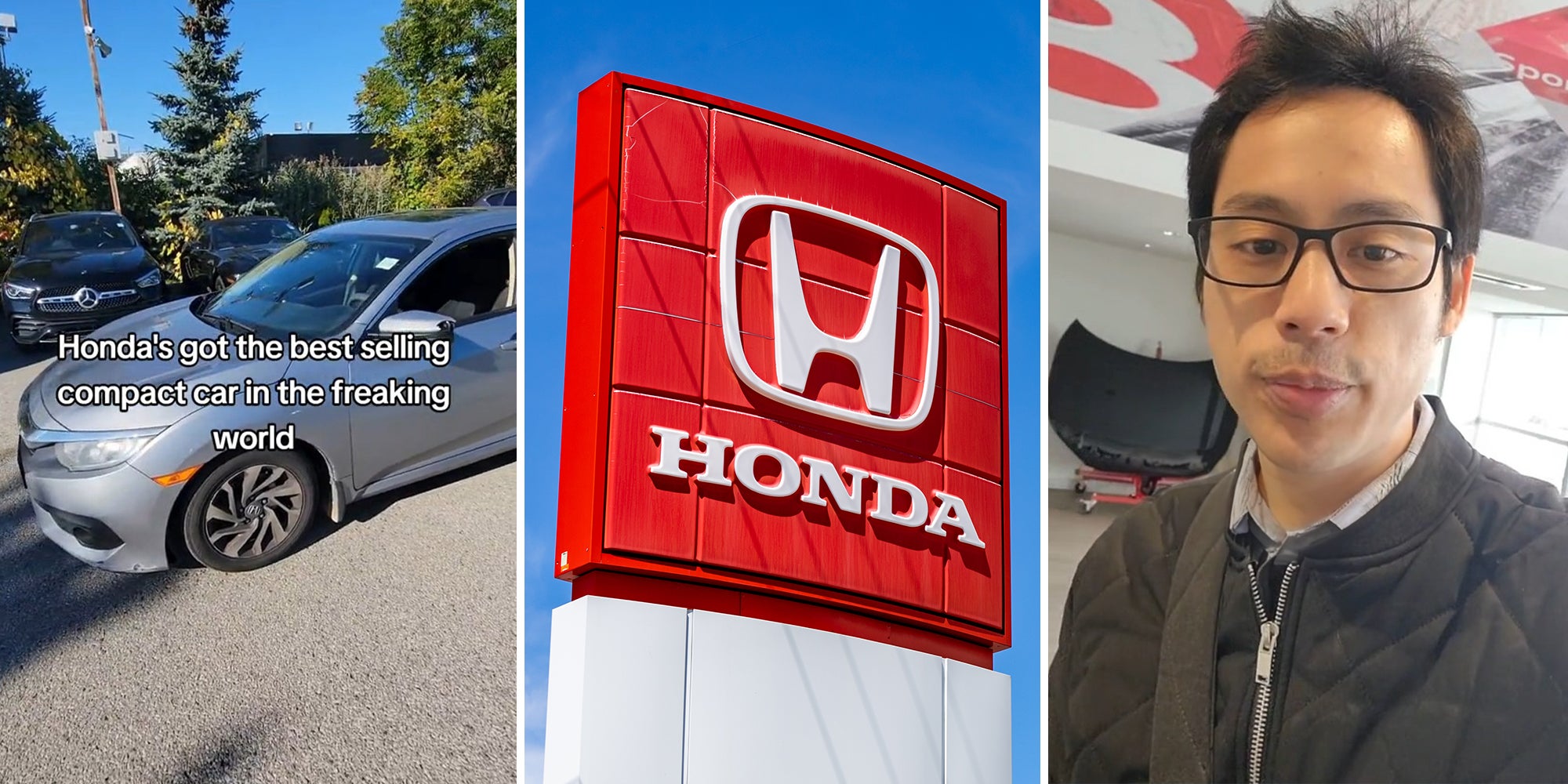 Honda Civic in Car lot(l) Honda Civic Dealer Sign(c) Car Salesman(r)