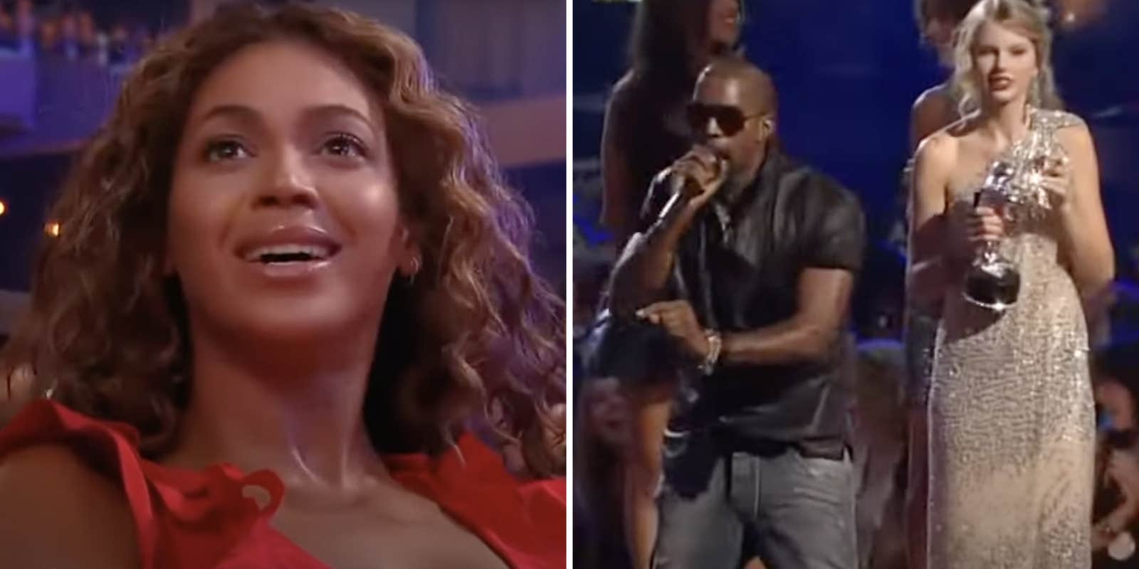 Beyoncé parecendo surpresa(l), Kanye com microfone e Taylor Swift com prêmio