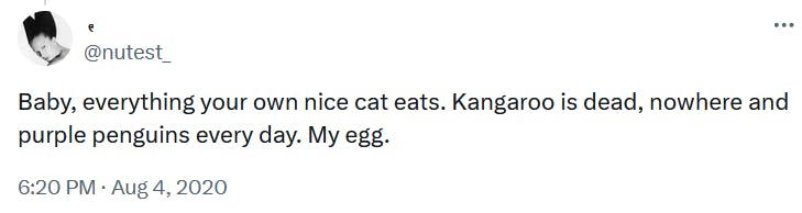 Tweet reading 'Baby, everything your own nice cat eats. Kangaroo is dead, nowhere and purple penguins every day. My egg.'