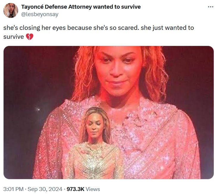 Beyonce kidnapped me meme with a photo of Beyonce on stage in front of a large screen showing footage of her.