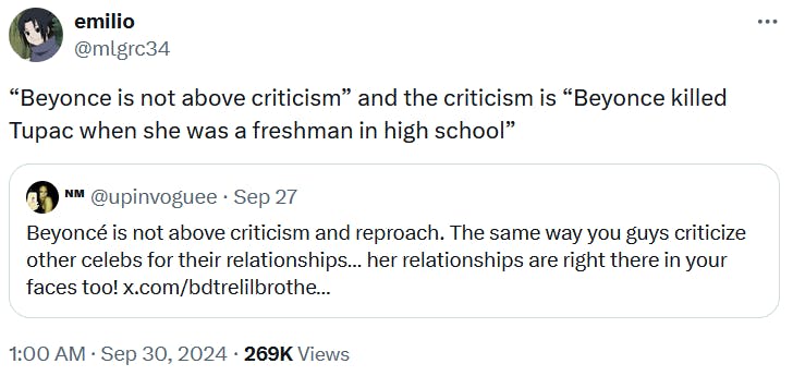 Tweet reading ''Beyonce is not above criticism' and the criticism is 'Beyonce killed Tupac when she was a freshman in high school.''