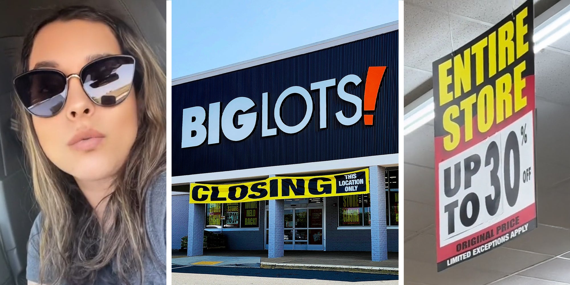 woman wearing sunglasses(r) BigLots! Store front(c) Entire Store Sale Sign(r)