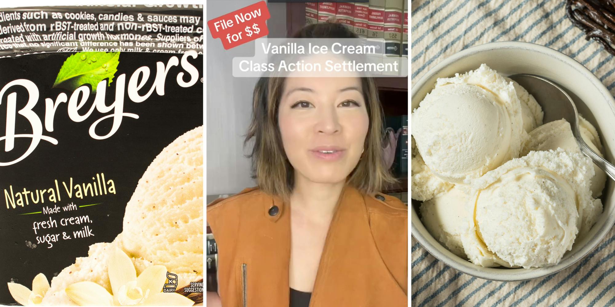 Breyers Natural Vanilla ice cream(l), Woman talking(c), Vanilla ice cream in bowl(r)