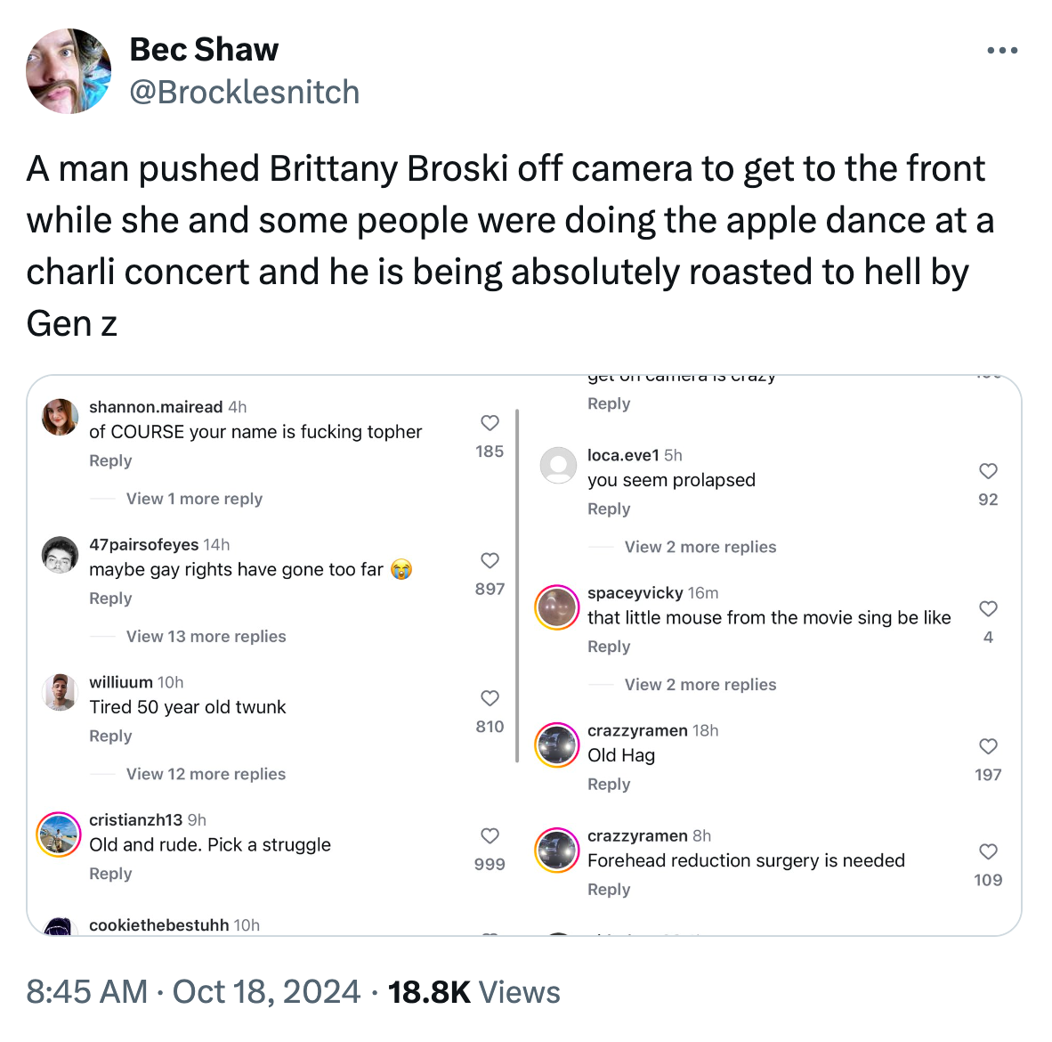 Tweet about Brittany Broski's Apple dance crasher with screenshots from TikTok comments about him. 'A man pushed Brittany Broski off camera to get to the front while she and some people were doing the apple dance at a charli concert and he is being absolutely roasted to hell by Gen z'