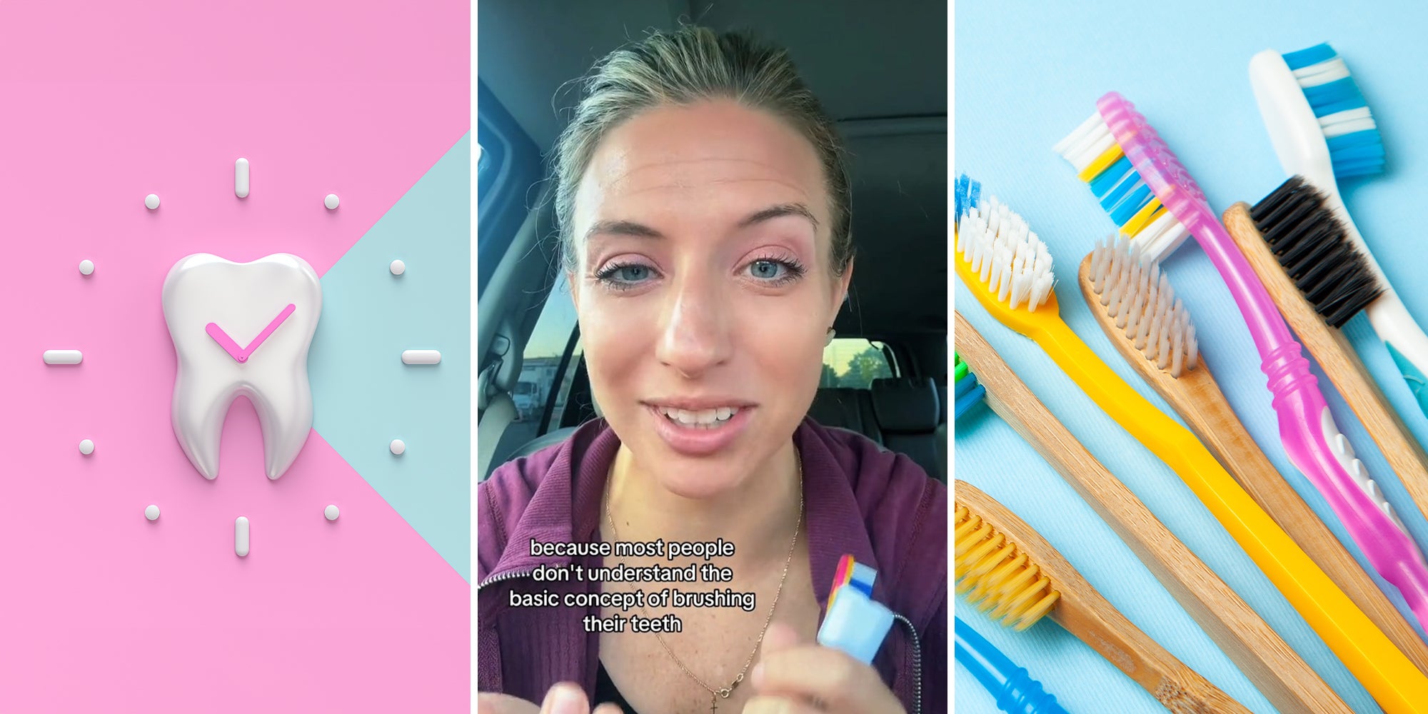 Minimal Art Style of tooth as a clock(l) Dentist sharing the proper way you should brush your teeth(c) Different Types of Toothbrushes(r)