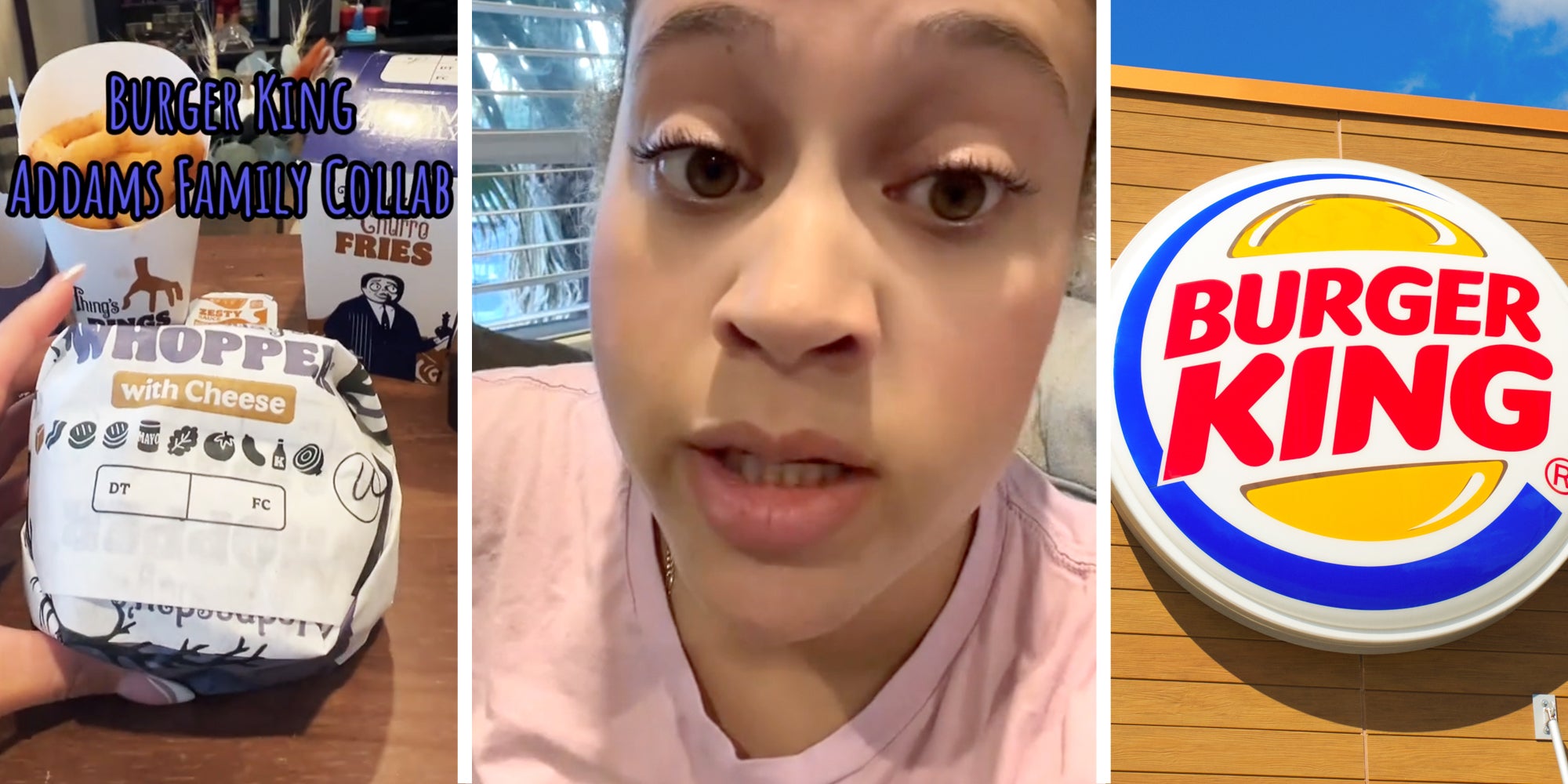 Hand holding wrapped whopper and text that says 'Burger King Addams Family Collab'(l), Woman talking(c), Burger King sign(r)