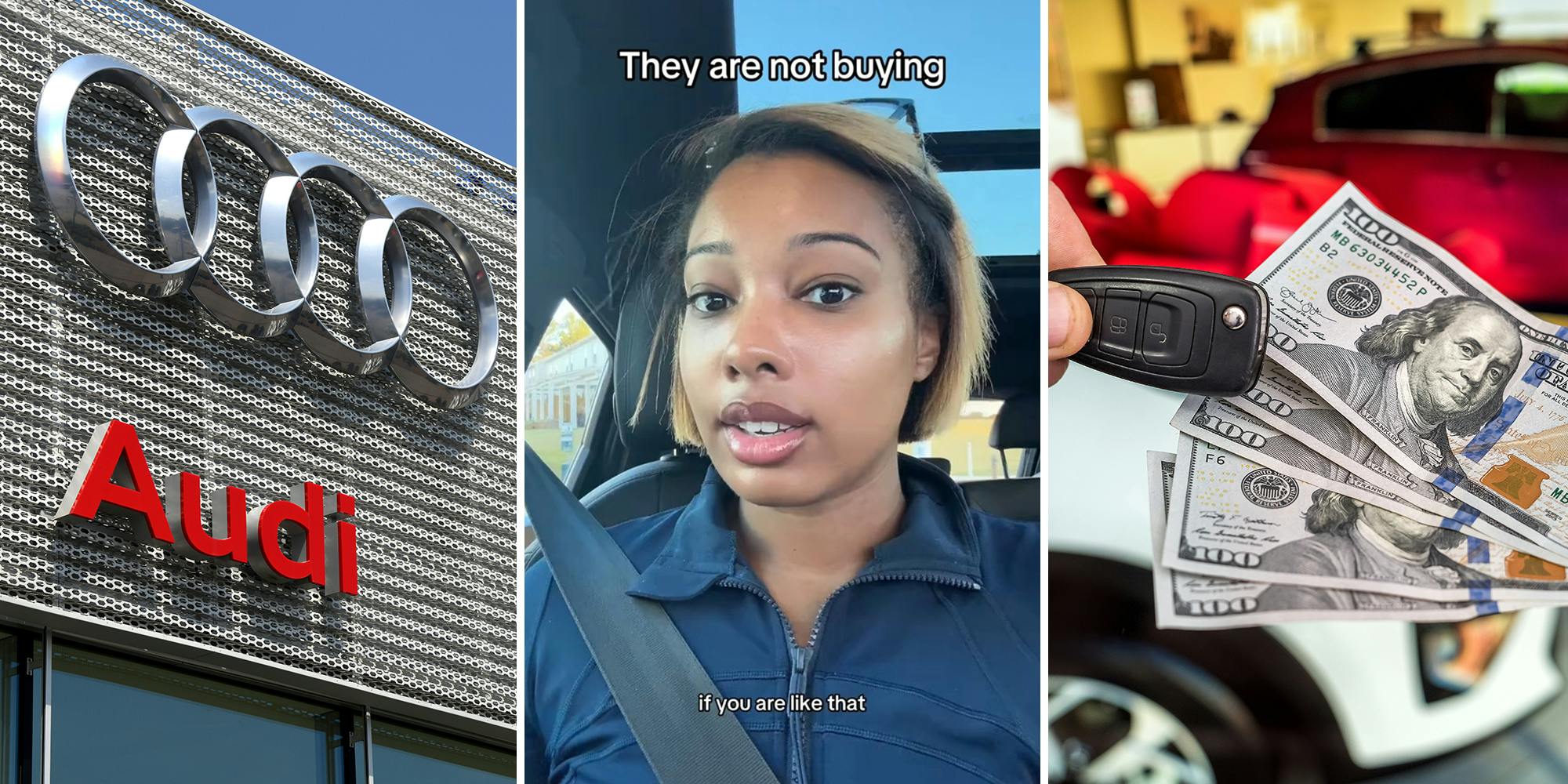 Audi Logo on building(l) Woman inside car explaining about car leases(c) Hand hold car key in exchange for American Money(r)