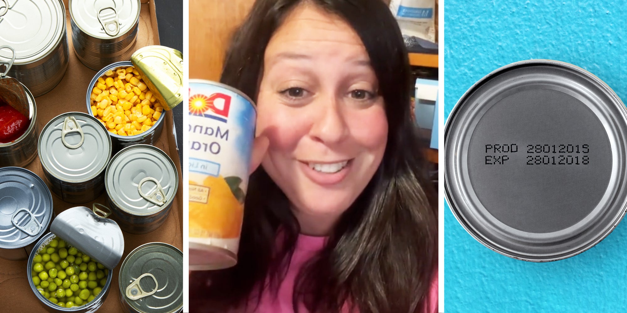 Opened and closed cans of food(l), Woman talking with can by her face(c), Top of can with expiration date(r)