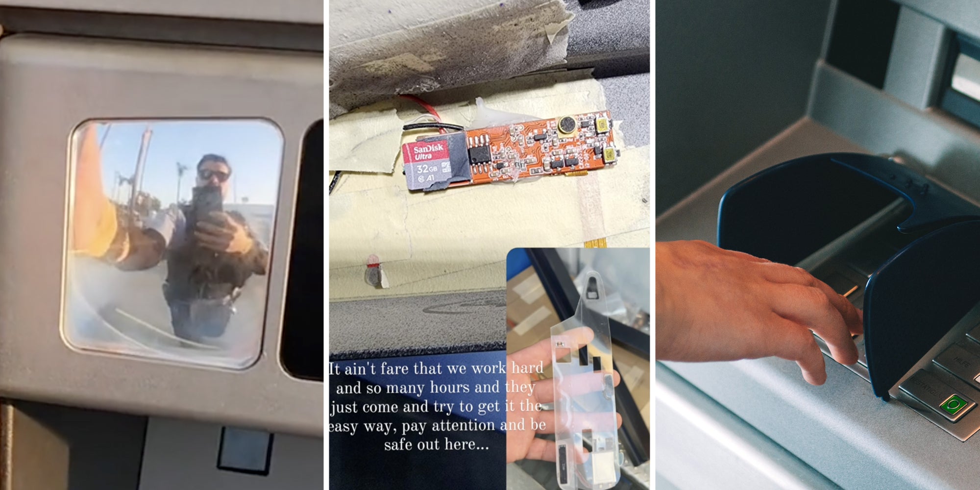 Man looking at reflection of self in atm(l), ATM skimmer(c), Hand at ATM(l)