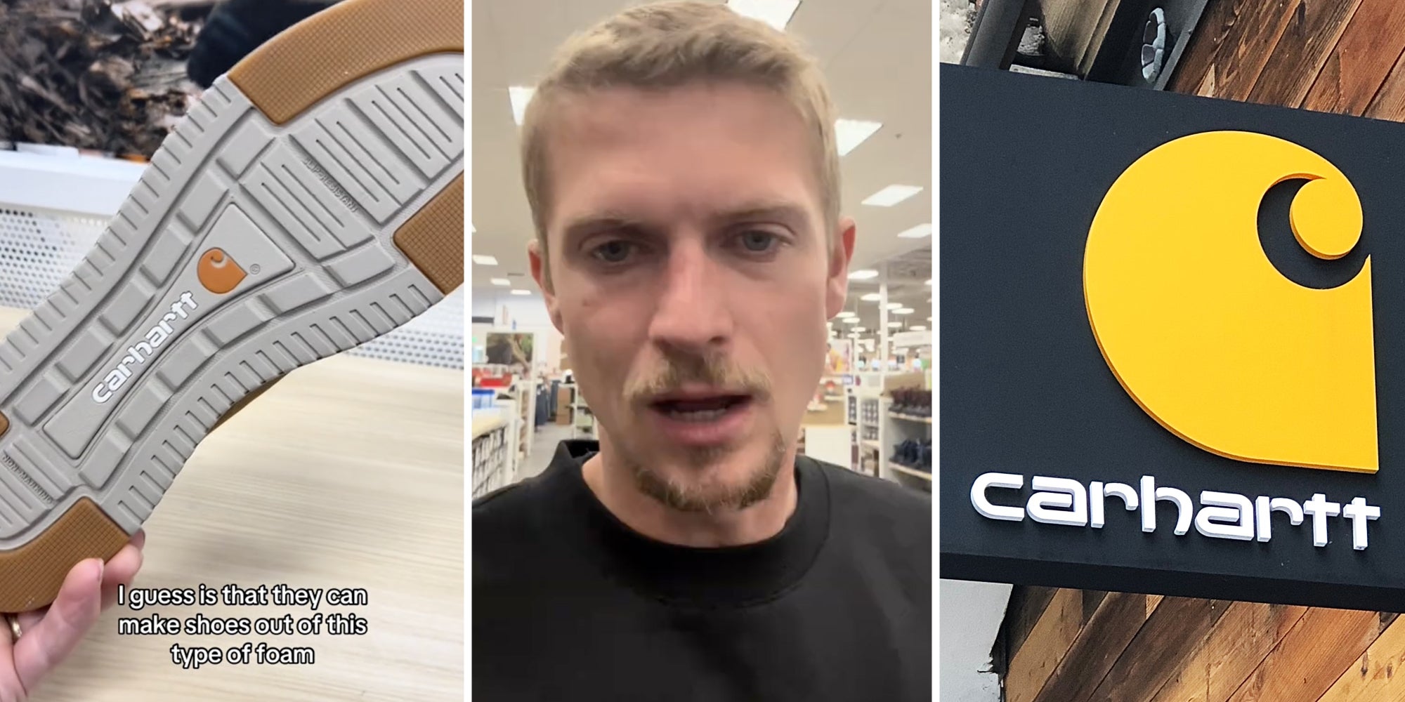 Hand holding Carhartt shoe with text that says 'I guess is that they can make shoes out of this type of foam'(l), Man talking(c), Carhartt sign(r)