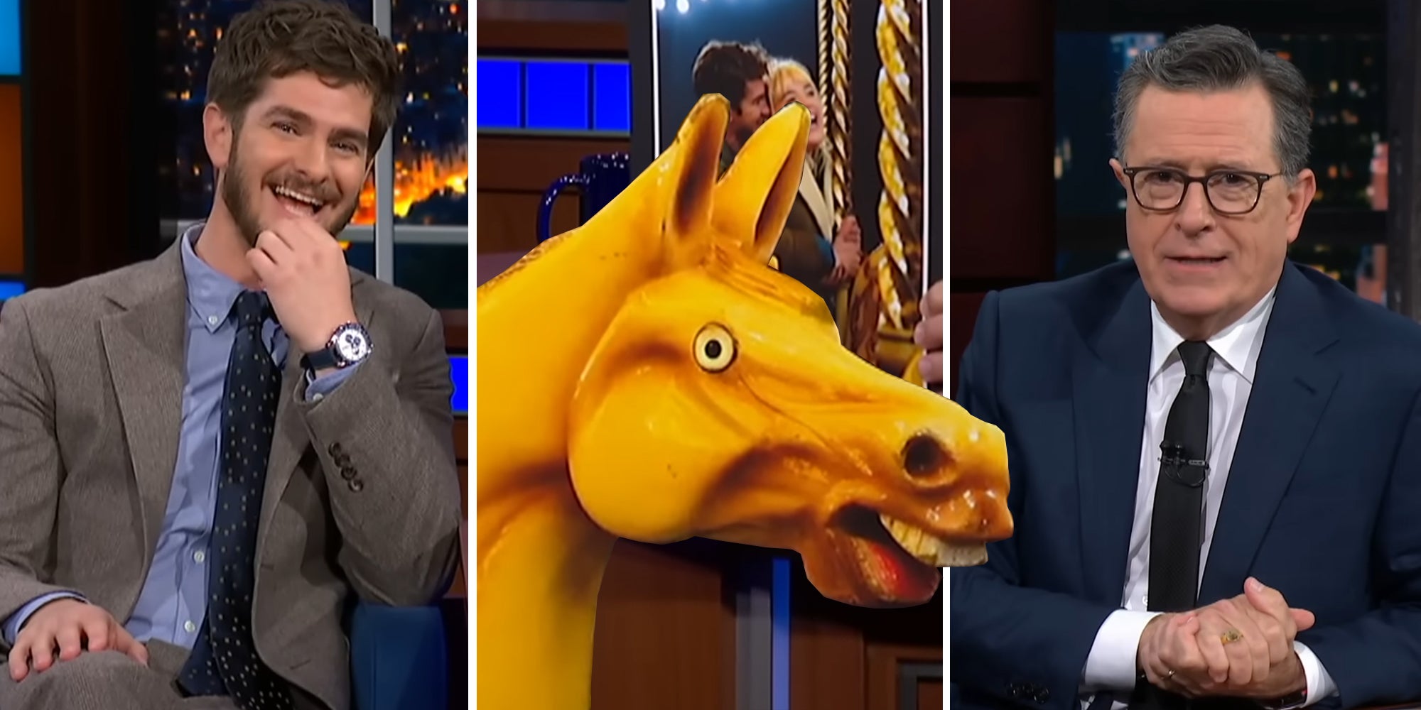 Andrew Garfield(l) Carousel horse head(c) Stephen Colbert(r)