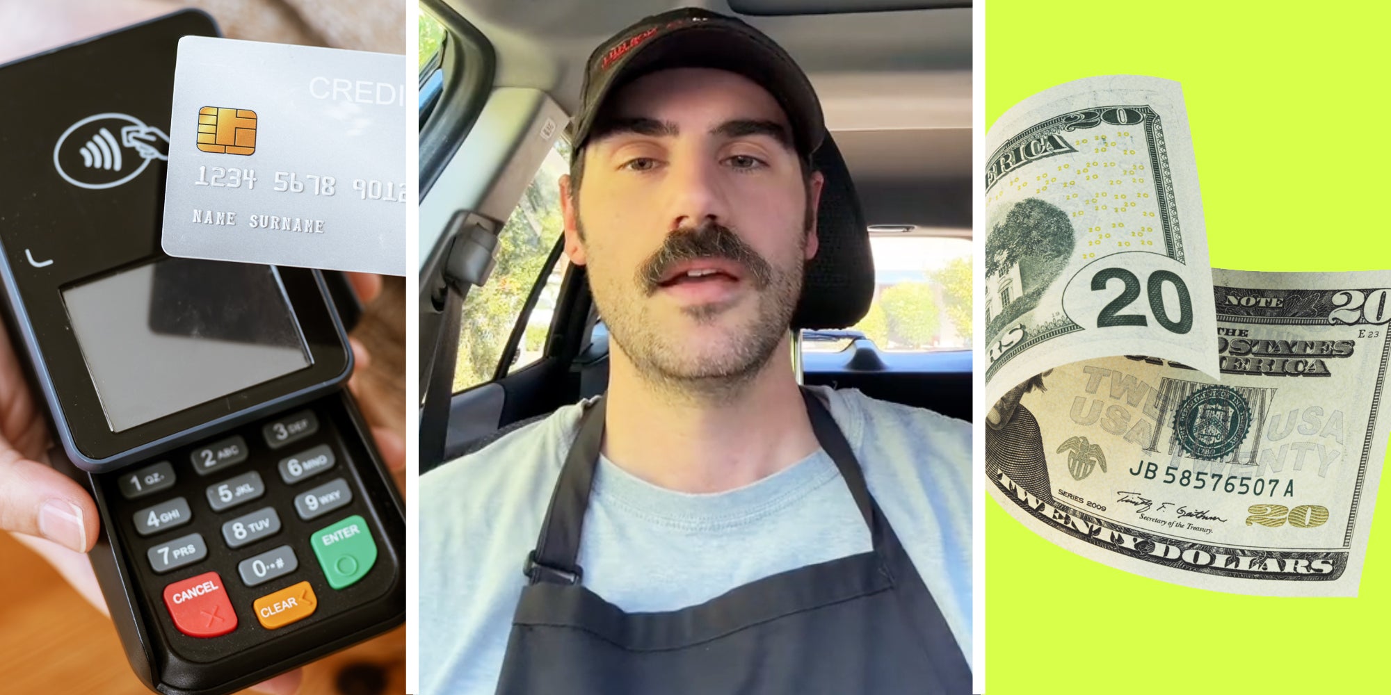 Credit card at card reader(l), Man talking(c), $20 bill(r)