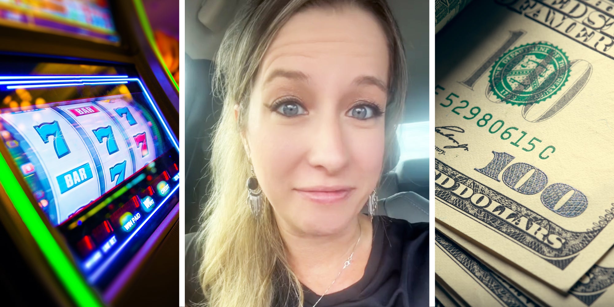 Slot machine(l), Woman talking(c), Stack of cash(r)