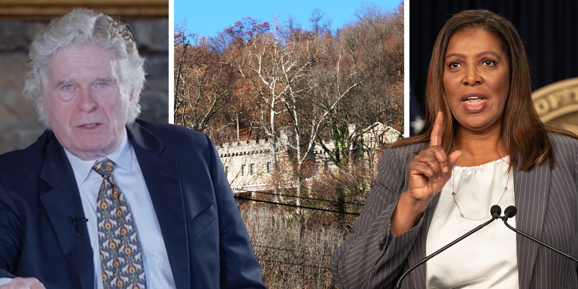 peter brimelow(l), berkeley castle (c) new york attorney general letitia james(r)