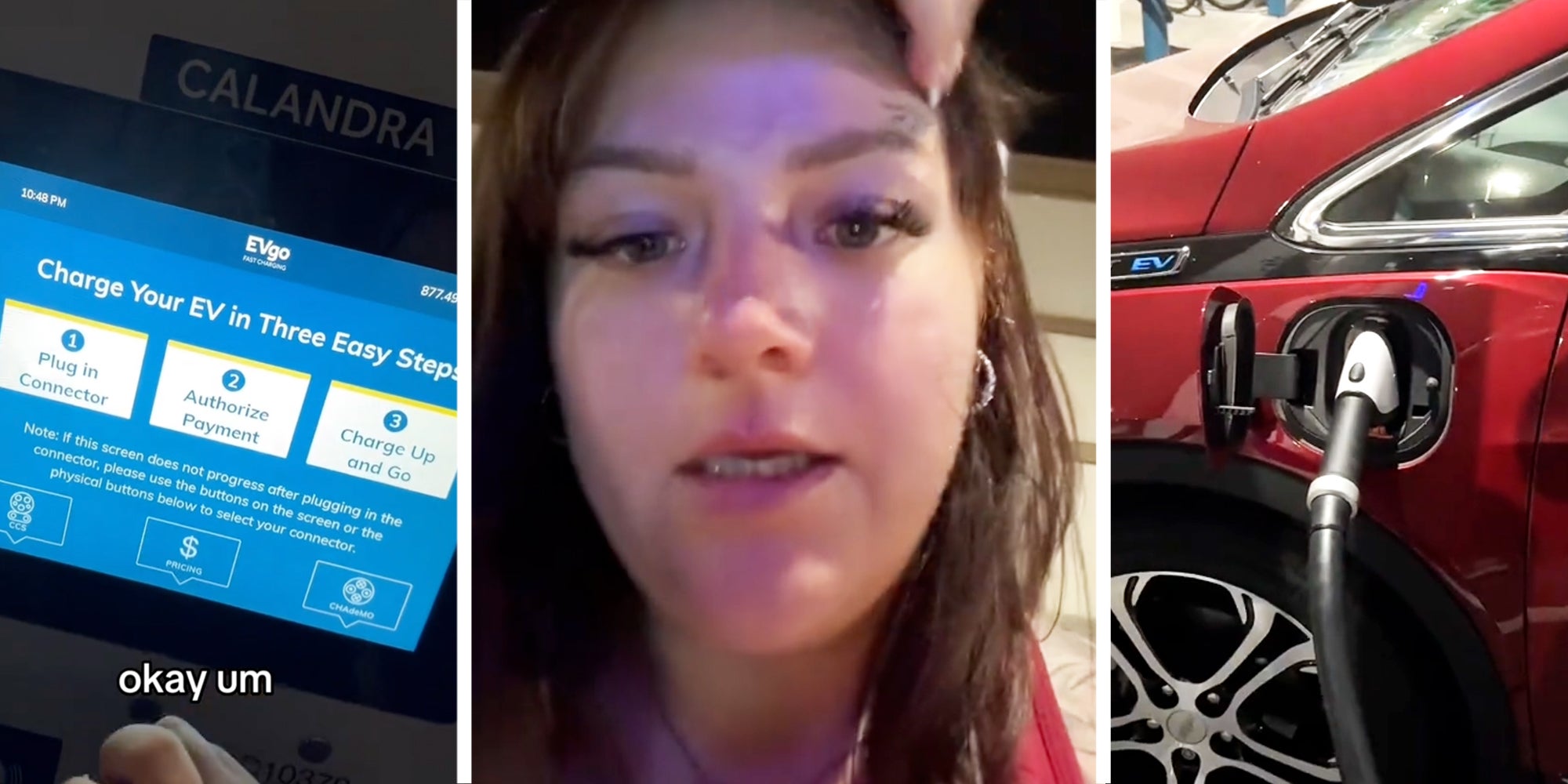 Screen with steps to charge car(l), Woman talking(c), Car charging(r)