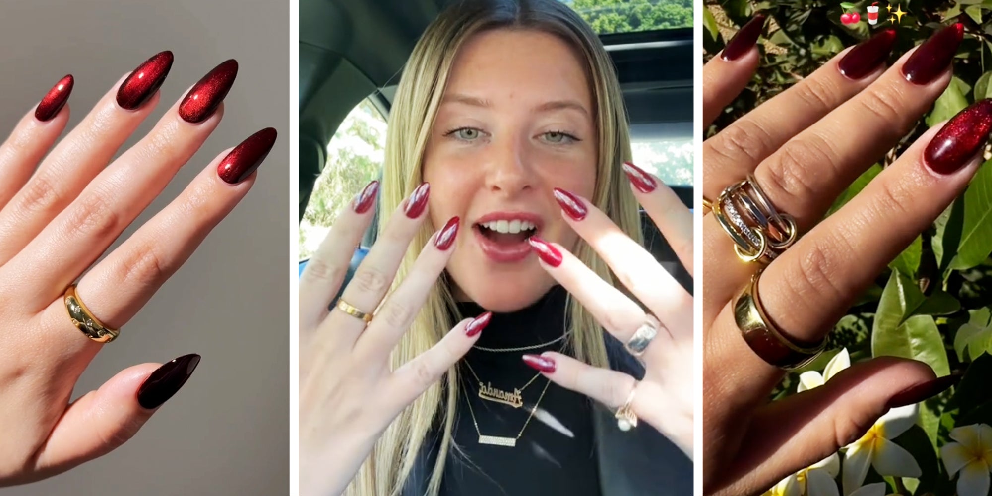 Cherry Cola red nails on hand(l), Woman showing off nails(c), Second hand showing off nails(r)