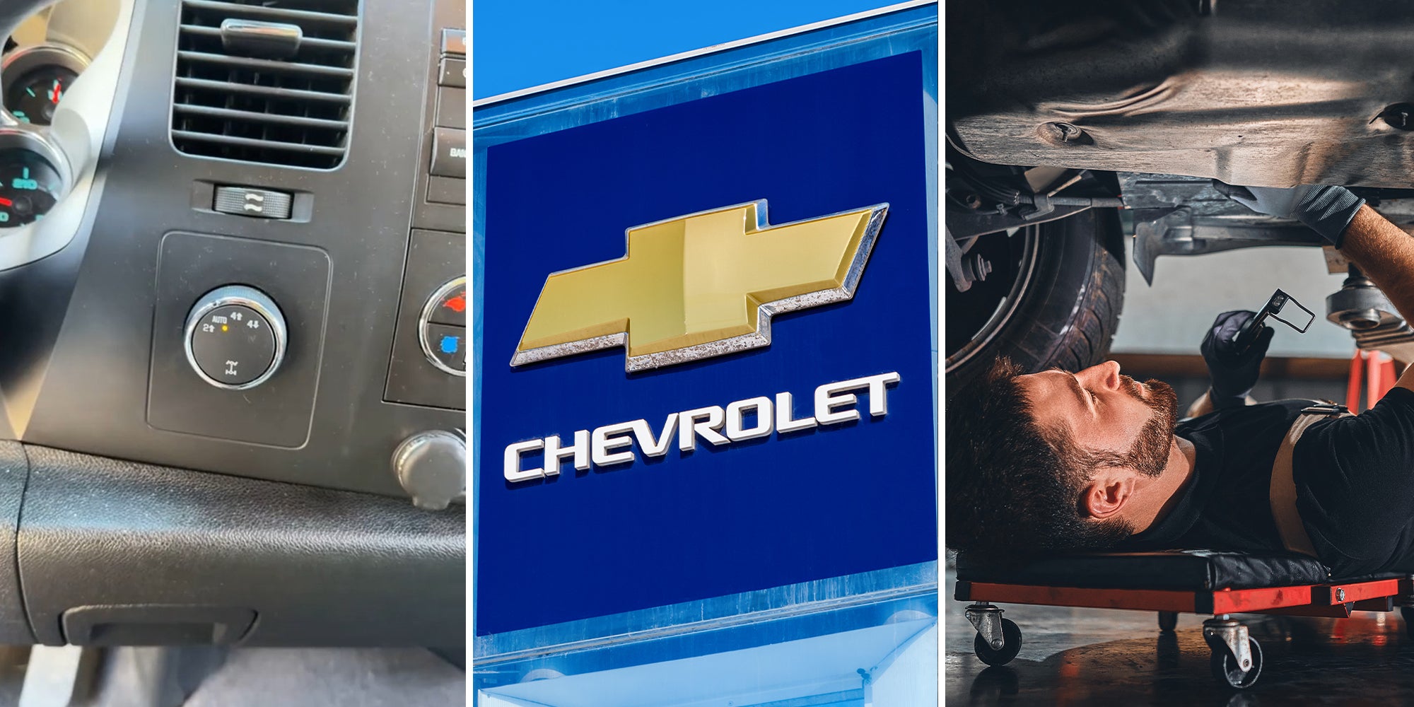 4 Wheel Drive (l) Chevrolet dealer sign(c) Mechanic checking under vehicle