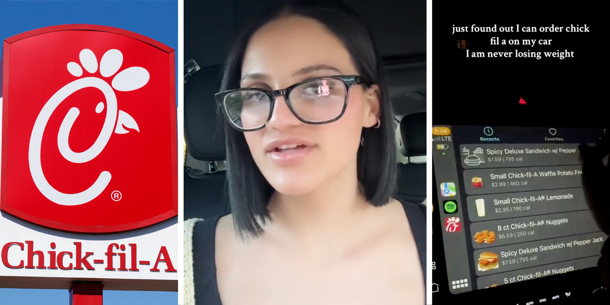 Chick-fil-a sign(l), Woman talking(c), Chick-fil-a- on carplay(r)