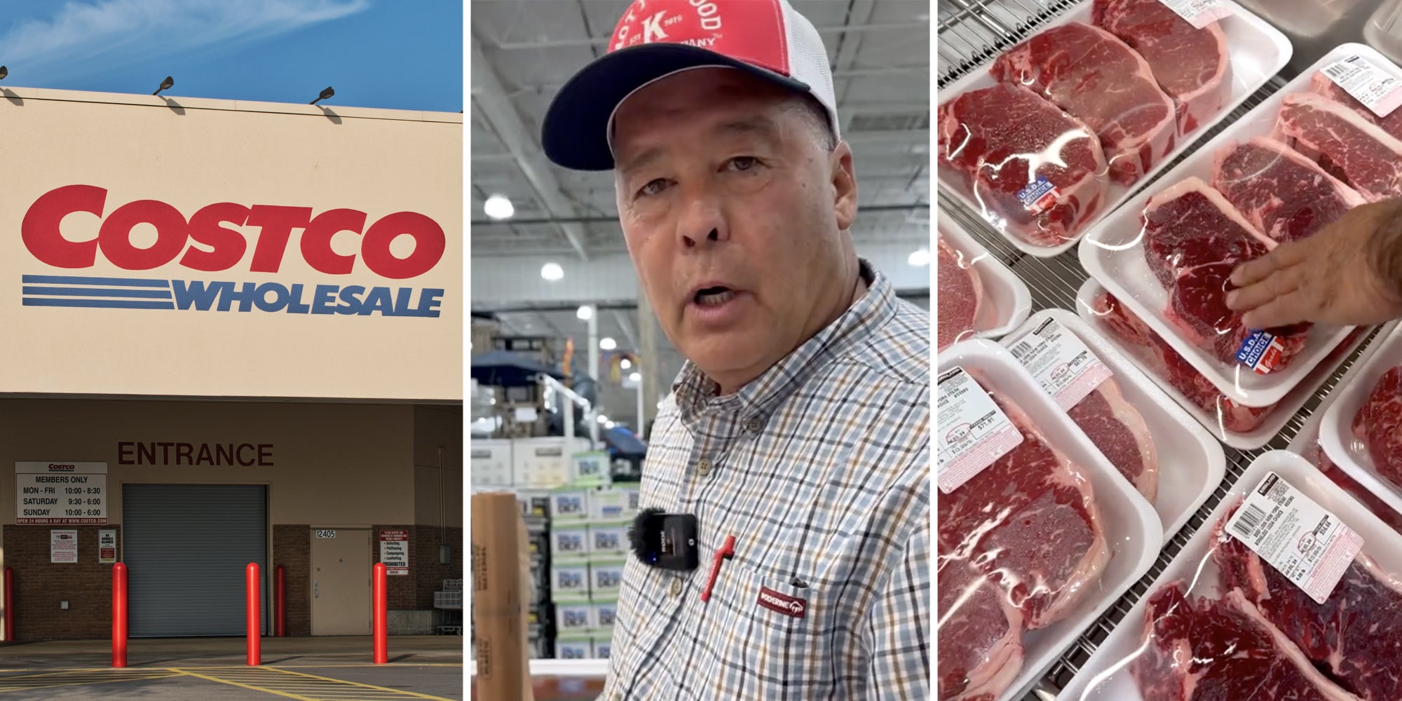 Costco storefront(l), Man talking(c), Hands touching steaks in packages(r)