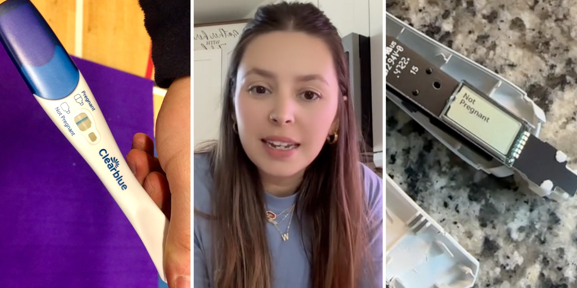 Clearblue Pregnancy test(l), Woman talking(c), Opened pregnancy test that says 'not pregnant'(r)