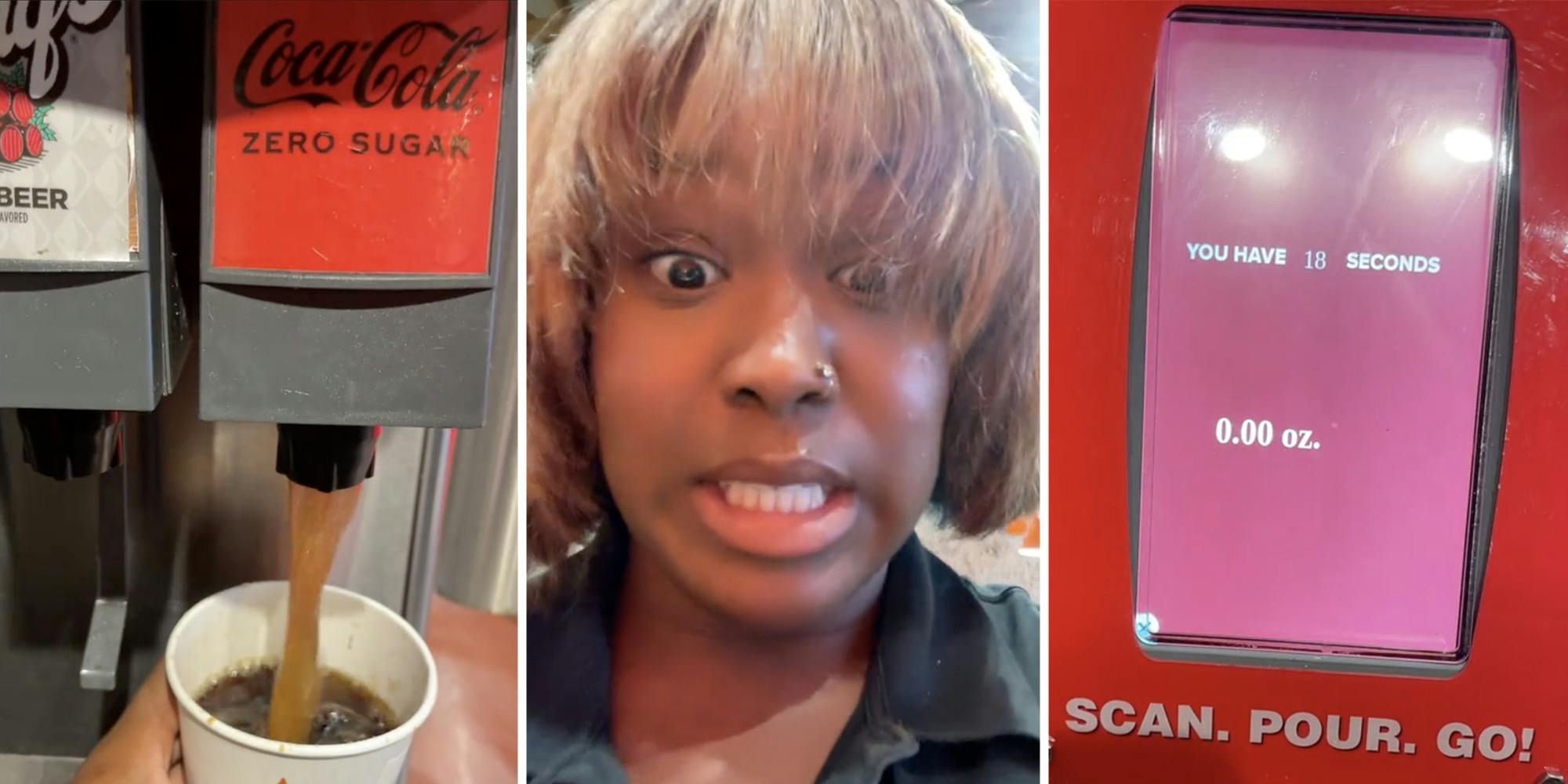 Cup getting Coca Cola soda from dispenser(l), Woman looking shocked(c), Screen saying you have 18 seconds(r)