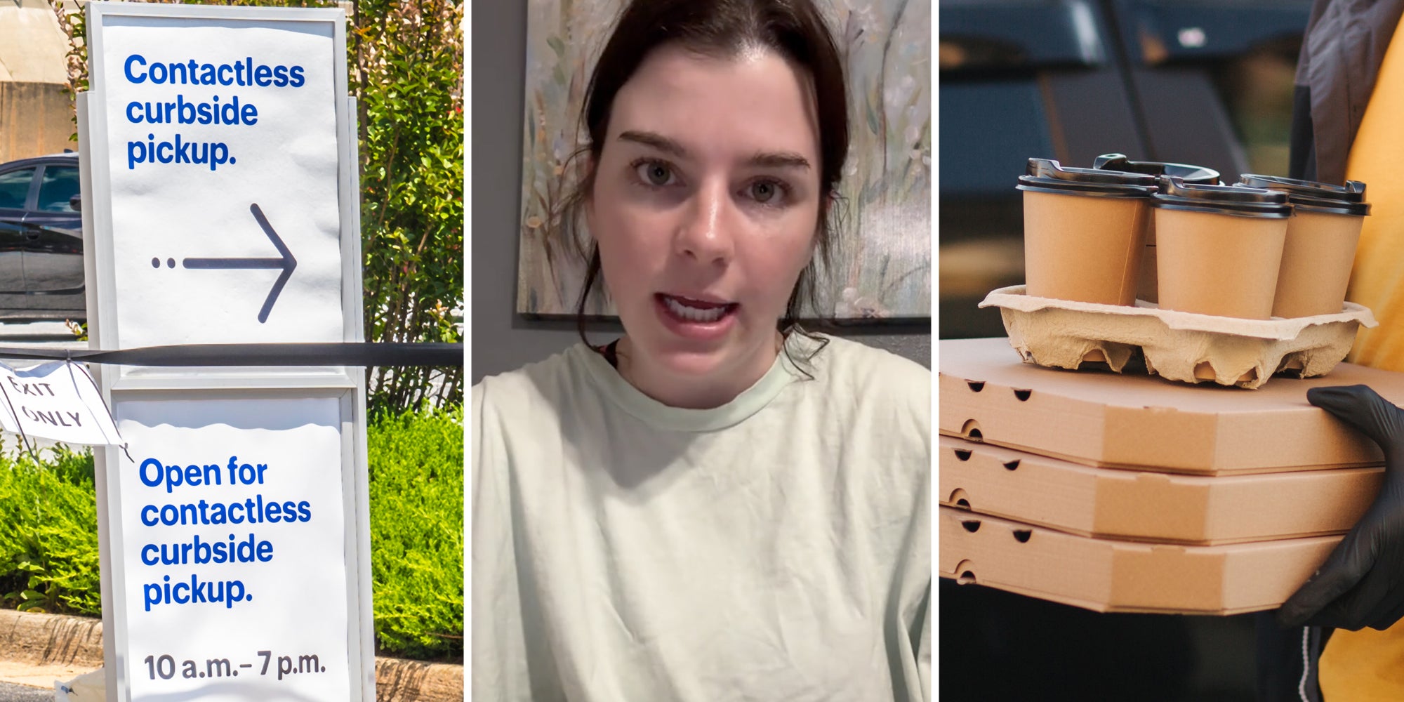 Contactless curbside pick up signs(l), Woman talking(c), Hands holding pizza boxes and coffees(r)