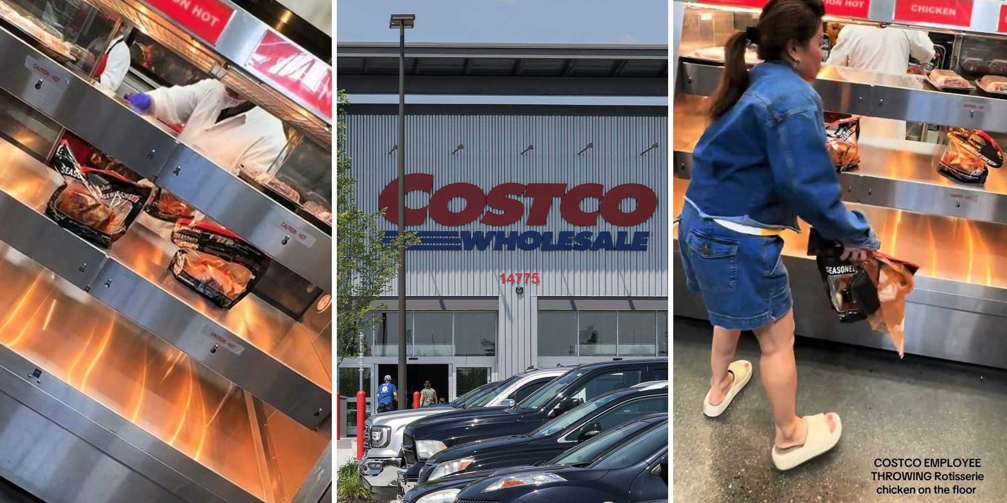 rotisserie chicken at costco(l) Costco Store Front(c) Woman holding bag of rotisserie Chicken(r)