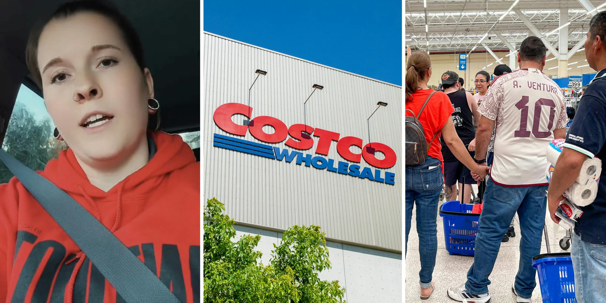 Woman talking(l), Costco store(c), Costco customers waiting on line(r)