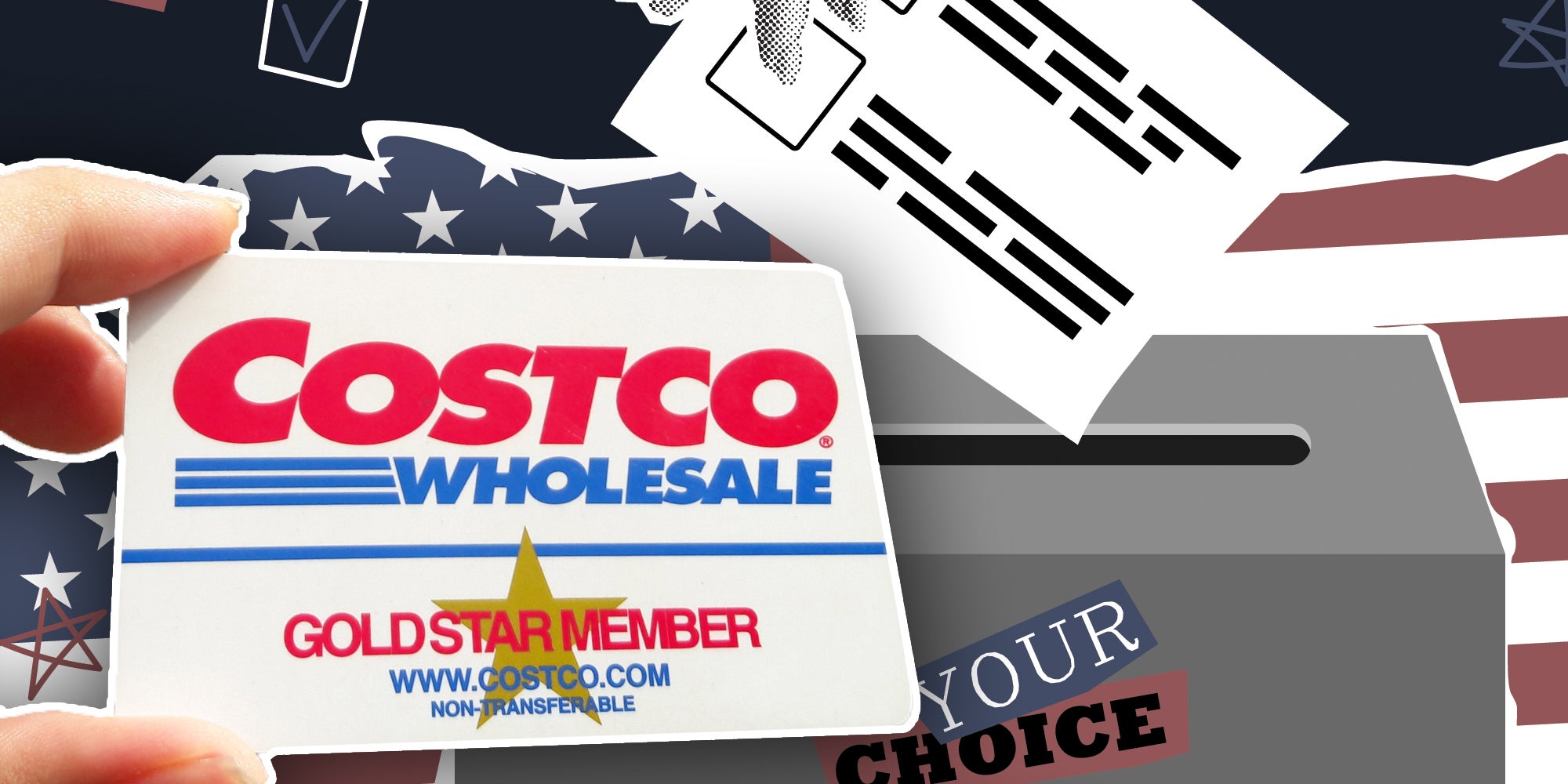 Hand holding costco membership card over graphic of ballot and voting box with american flag