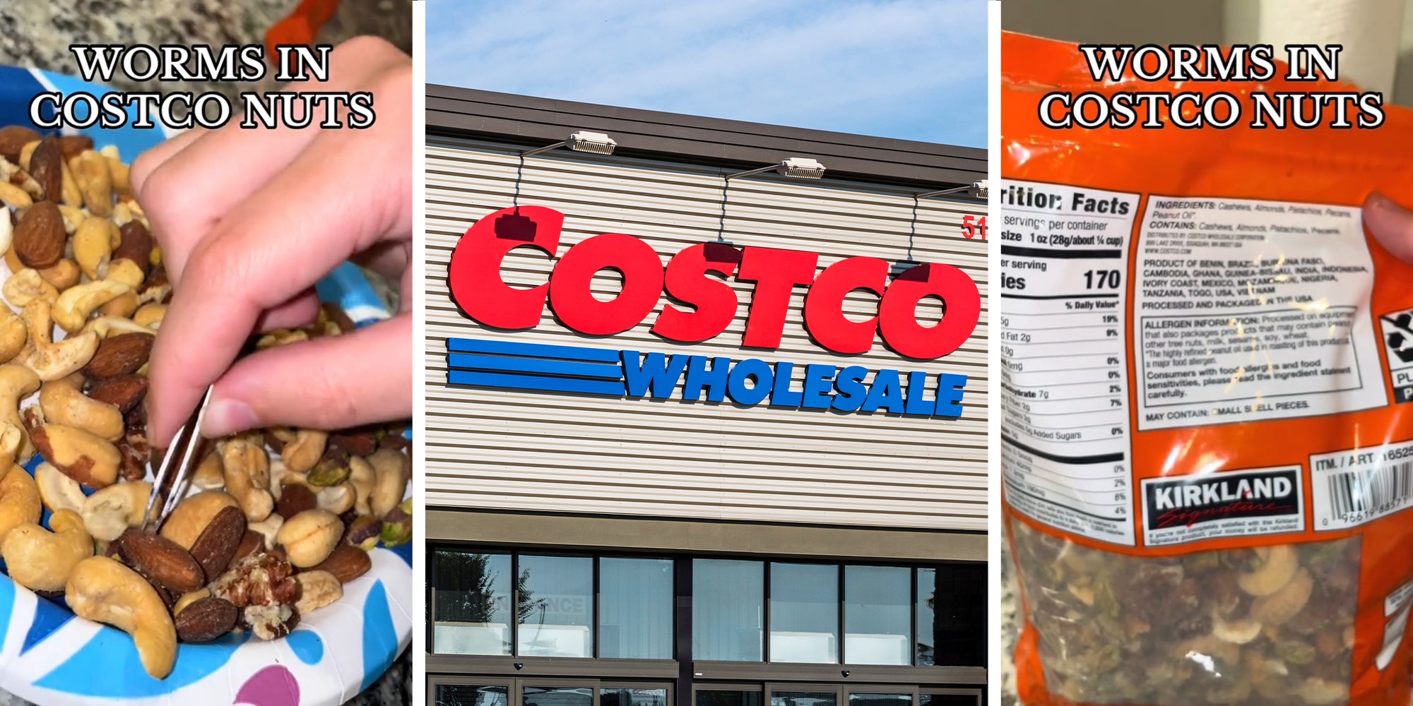 Person picking nuts with a tweezer(l) Costco Store front(c) Costco Nuts(r)