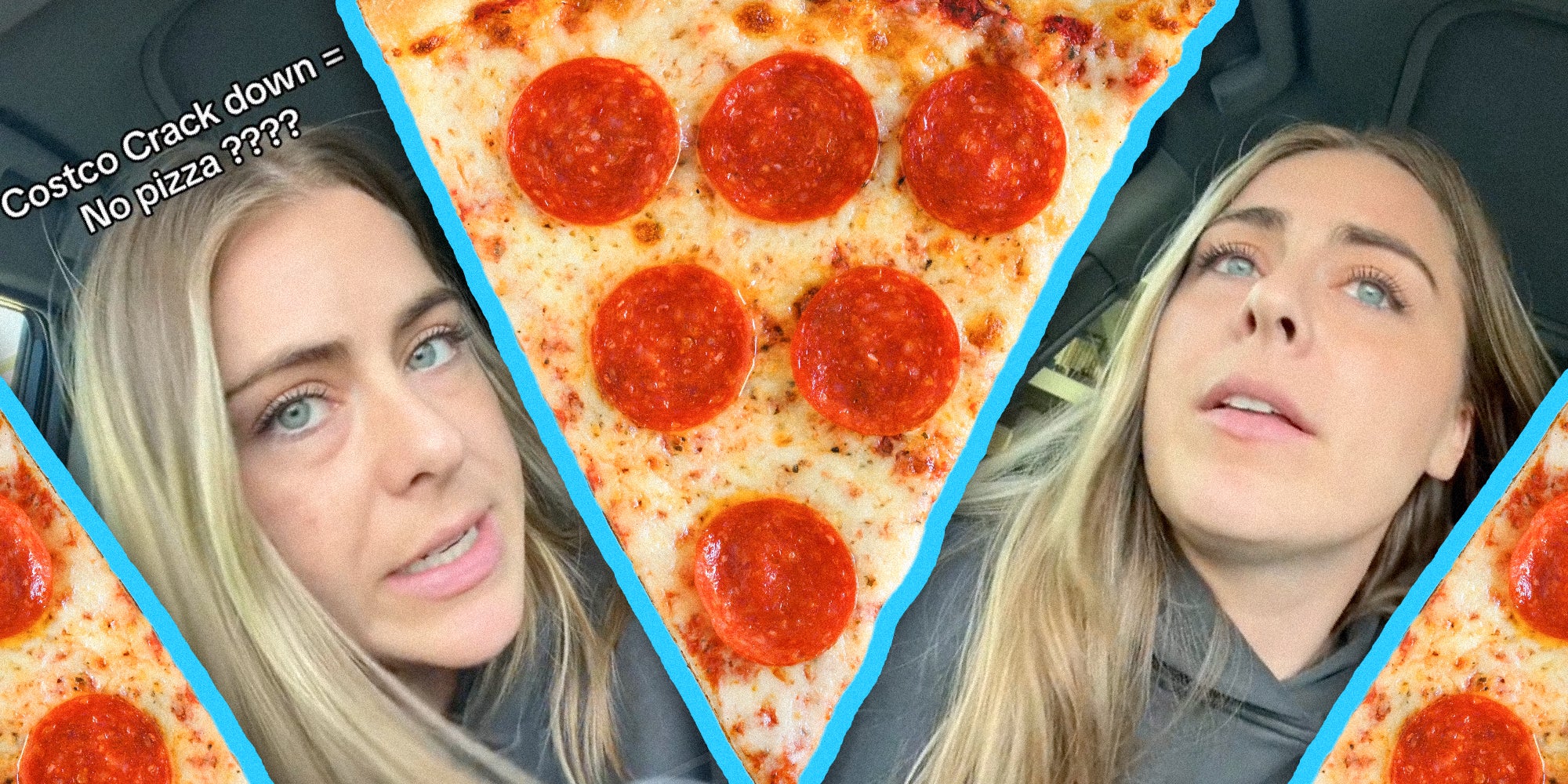 A woman is bordered by pizza slices with the text, 'Costco Crack down = No pizza????' Overlaid on it.