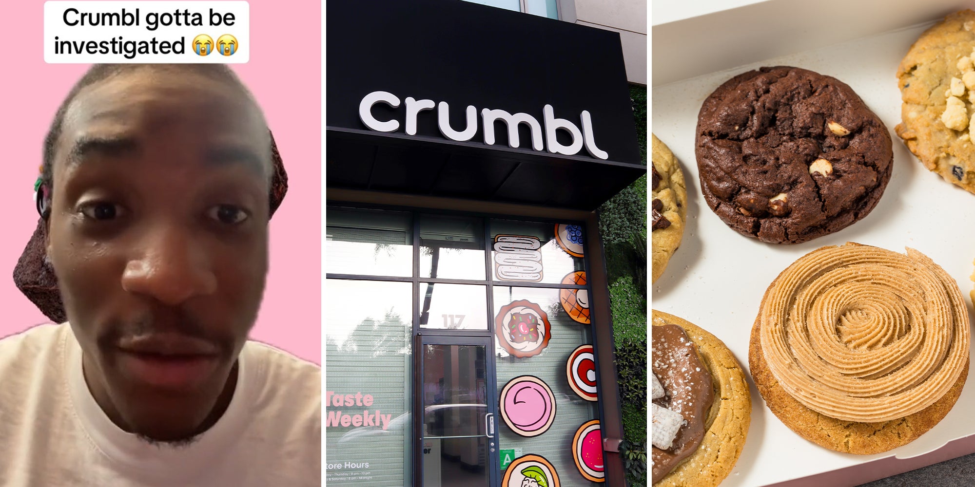 TikToker Sharing information about new cookies (l) Crumbl store front(c) Crumbl Cookies (r)