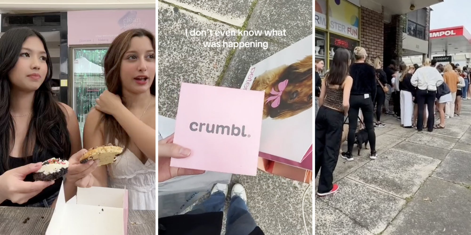 Two woman with cookies talking(l), Hand holding crumbl cookie box and text that says 'I don't even know what was happening'(c), People waiting on line(r)