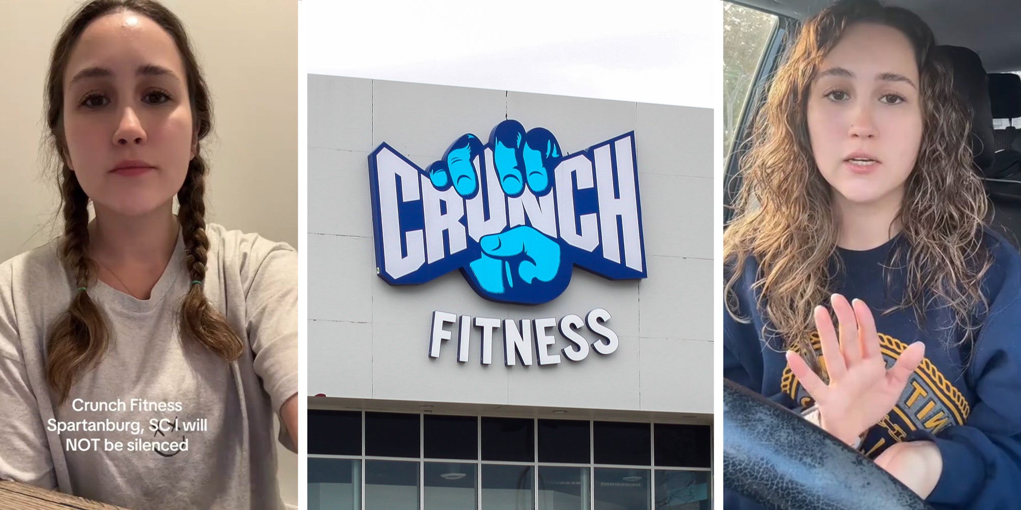 Woman sharing her experience working at Crunch Fitness; Crunch Fitness Store Sign