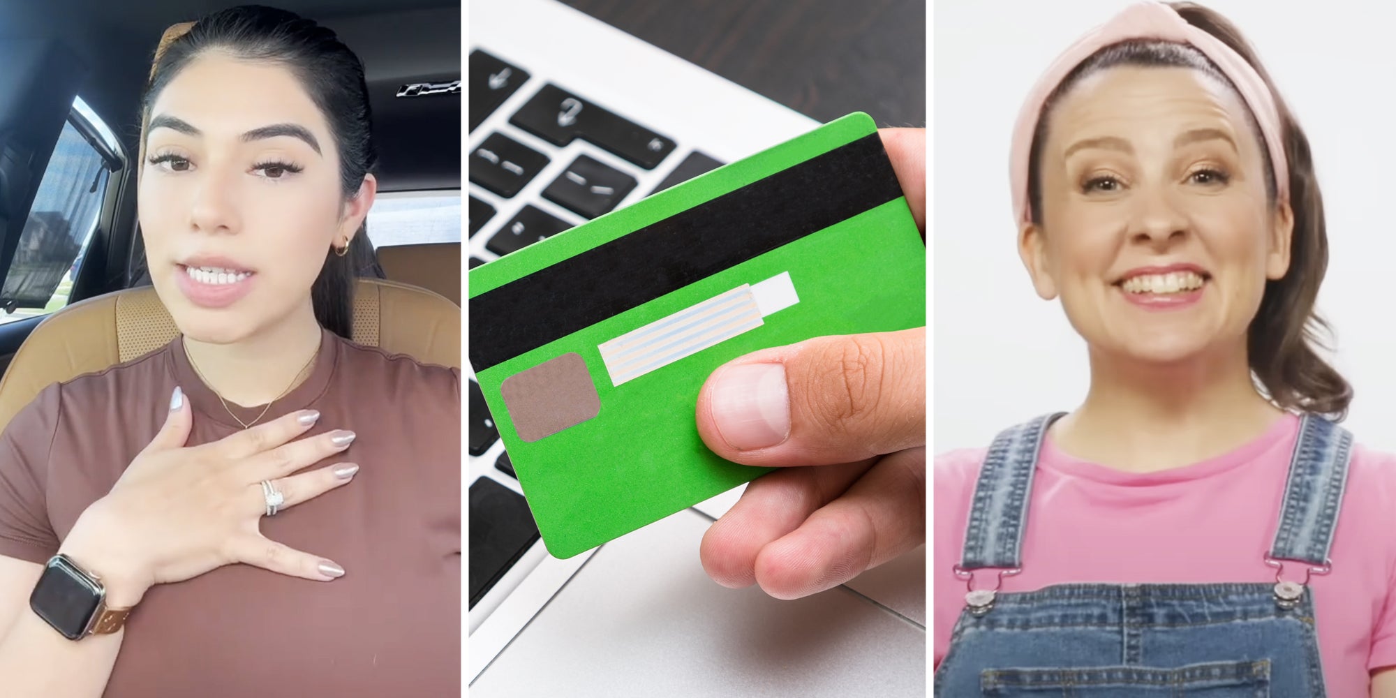(L) Woman with hand on her chest, (C) credit card, (R) Ms. Rachel