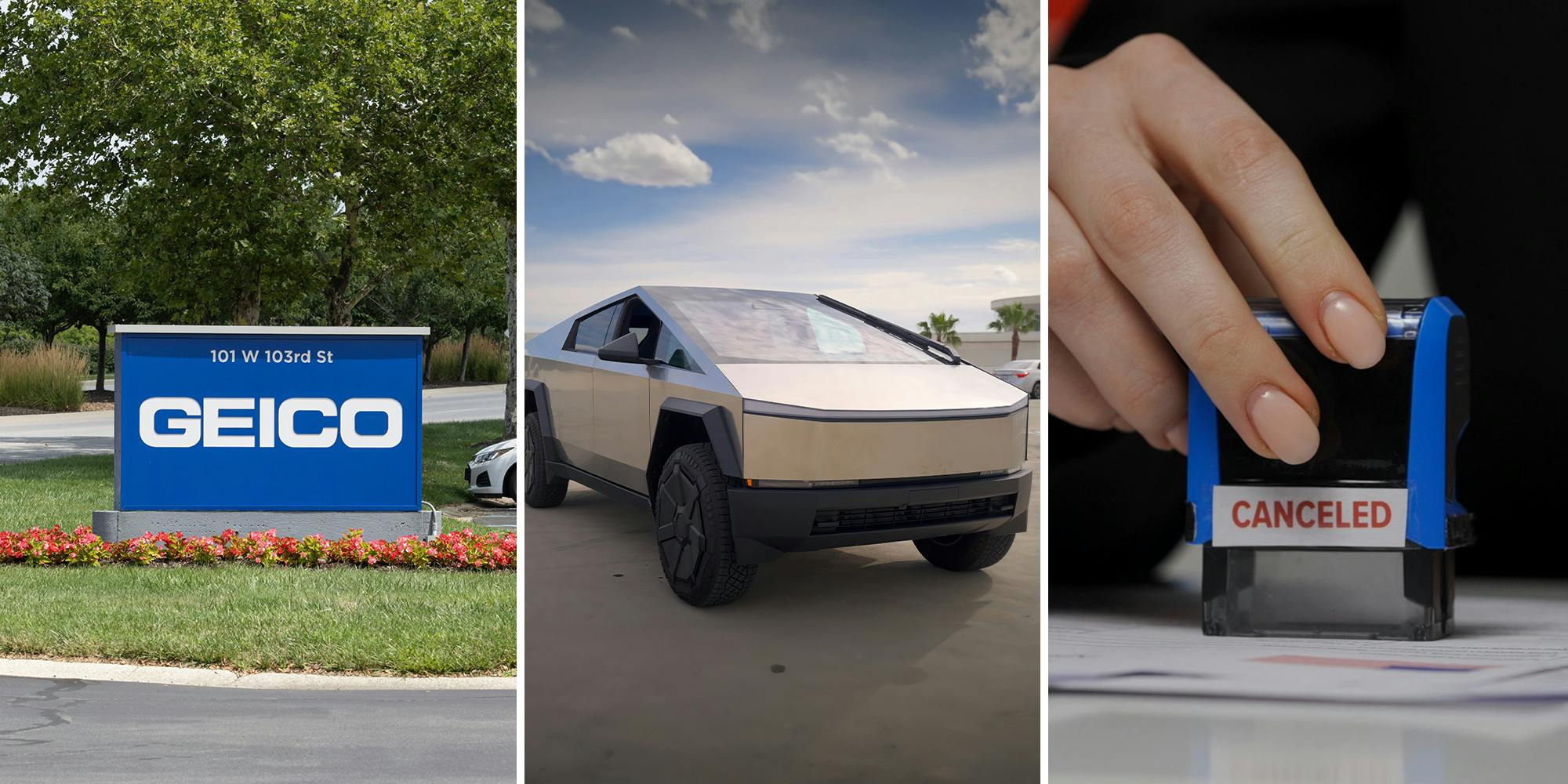 Geico Logo Sign(l) Tesla Cyber Truck(c) Female hands holding a 'canceled' stamp(r)