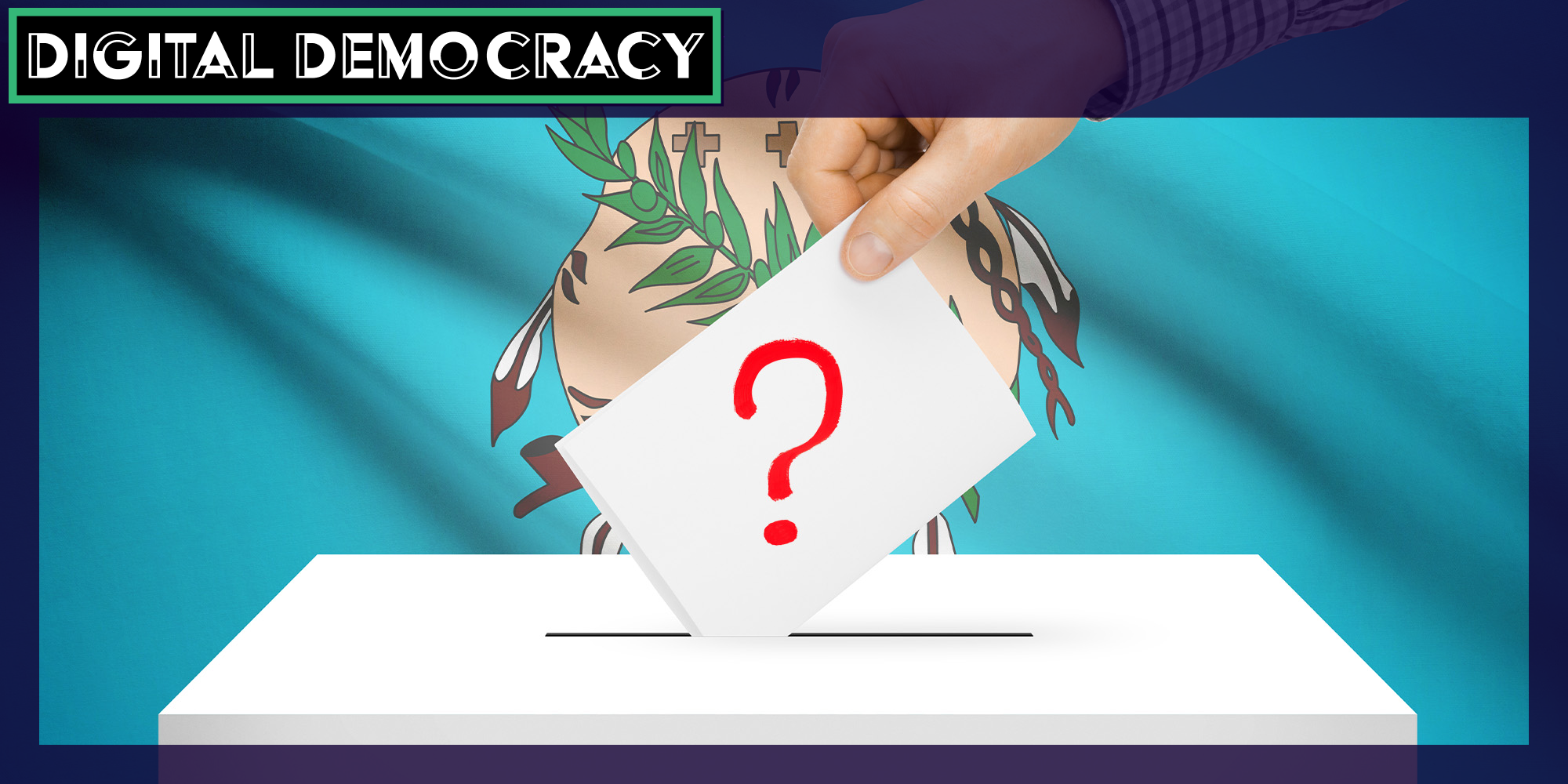 A card going into a voting box with a question mark on it with the Oklahoma flag in the background. There is text in the top left corner that says Digital Democracy in a Daily Dot newsletter web_crawlr font.