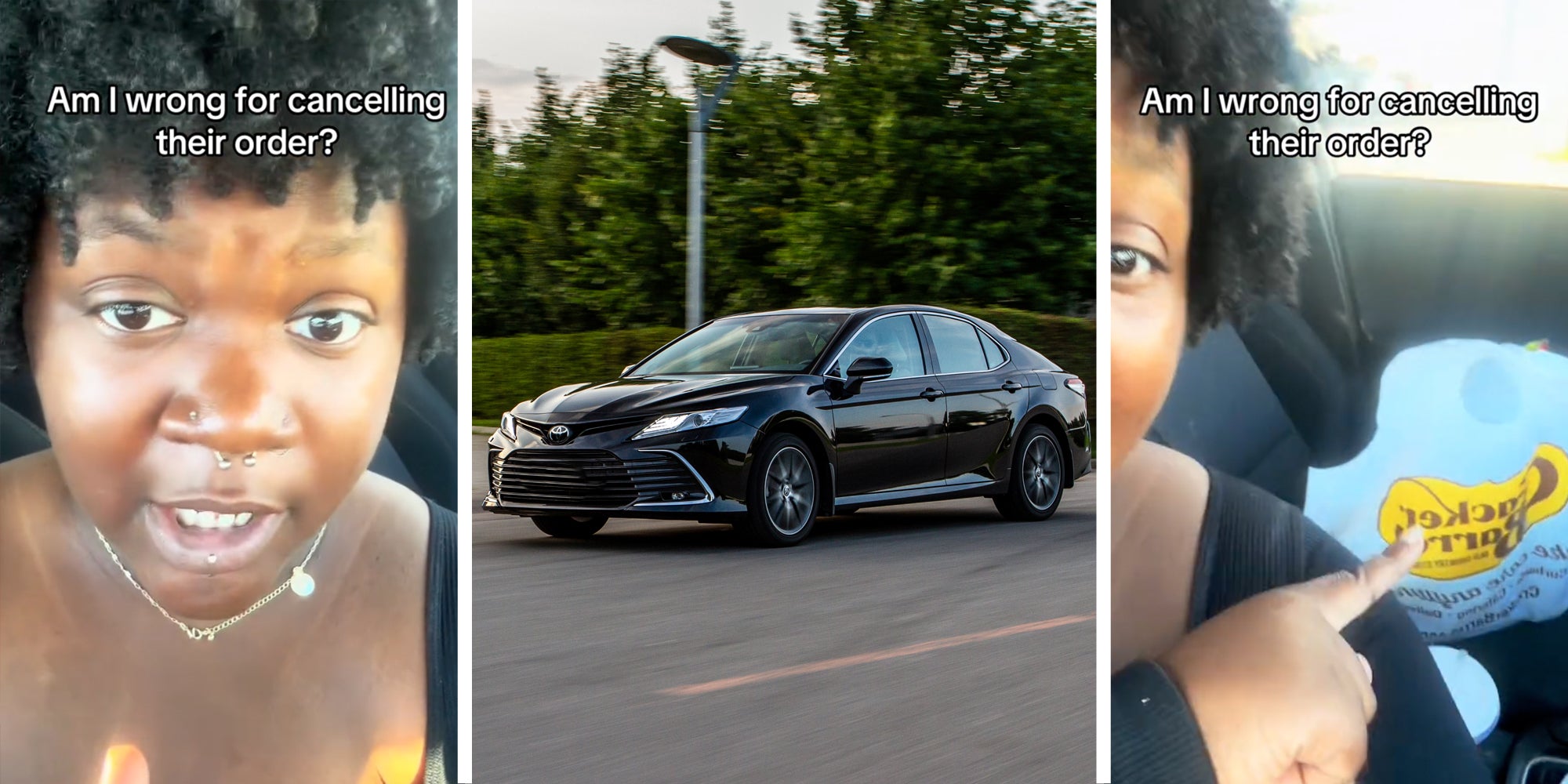 Woman talking with text that says 'Am I wrong for cancelling their order'(l), Car driving on road(c), Woman pointing to Cracker Barrel bag with text that says 'Am I wrong for cancelling their order'(r)