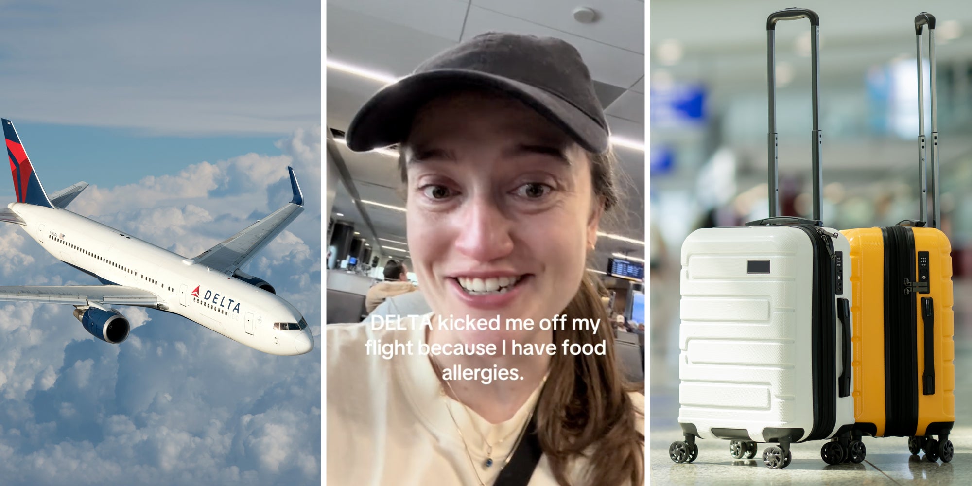 Delta airplane(l), Woman crying and talking with text that says 'Delta kicked me off my flight because I have food allergies'(c), Luggage(r)