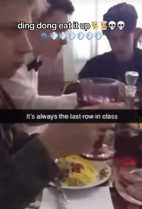 Ding dong eat it up meme about eating in class.