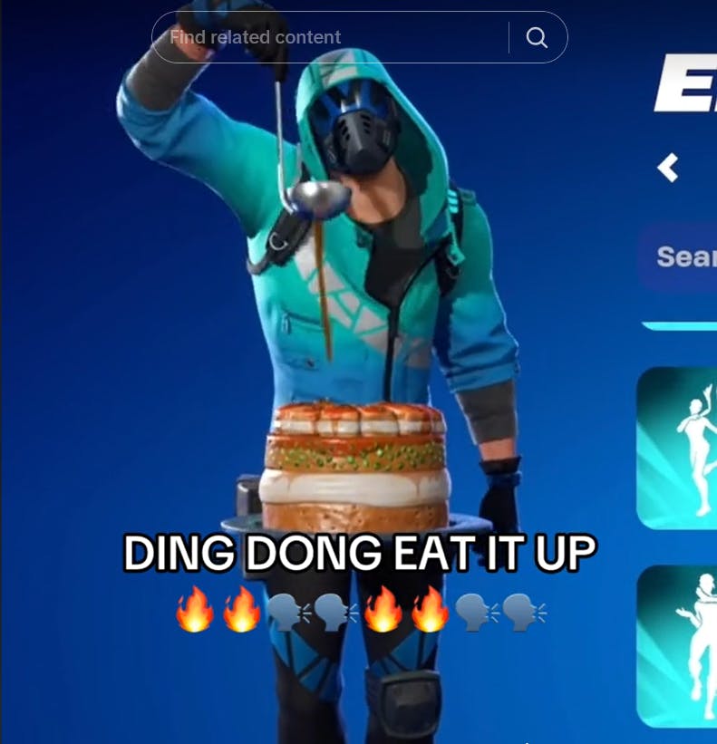 Ding dong eat it up meme as an emote in Fortnite.