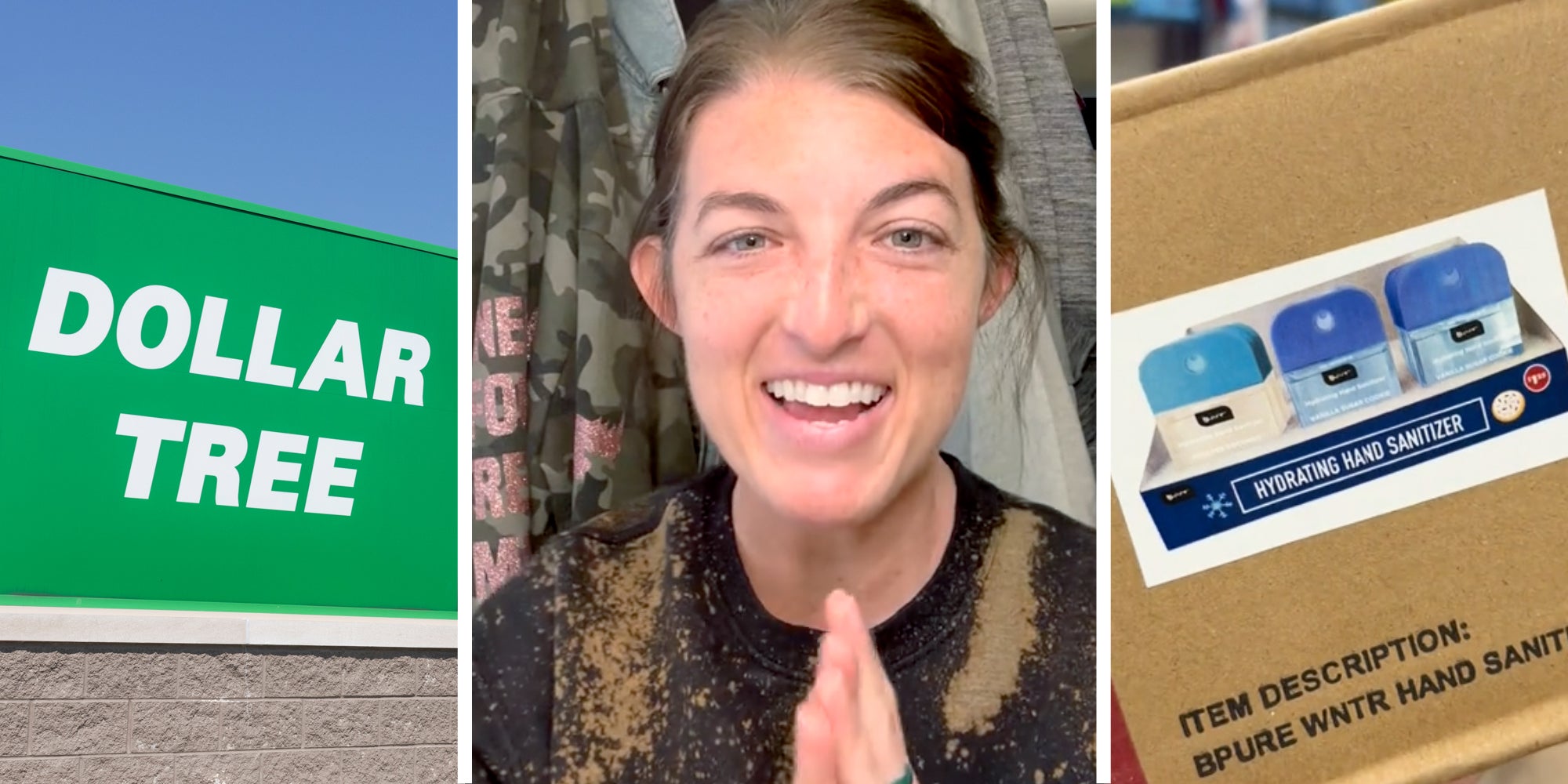 Dollar Tree sign(l), Woman talking(c), Box of Hand Sanitizer(r)